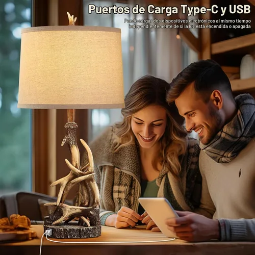 Vista 3 de Lámpara de mesa rústica de 27.25 pulgadas de alto, lámparas de cornamenta de ciervo para sala de estar, mesa auxiliar con puerto USB, lámparas