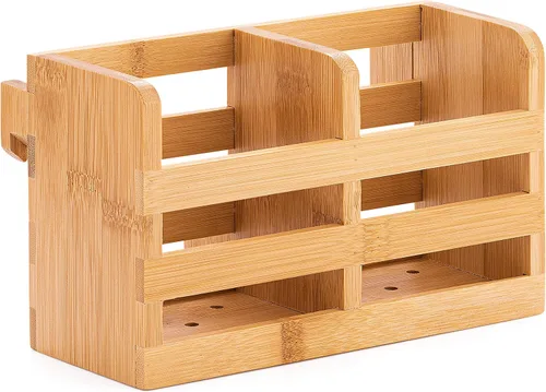 Vista 3 de Porta Utensilios de Bambú para Escurridor de Platos - Organizador para Cubiertos y Utensilios con Ganchos - Compatible con Escurridores de Platos