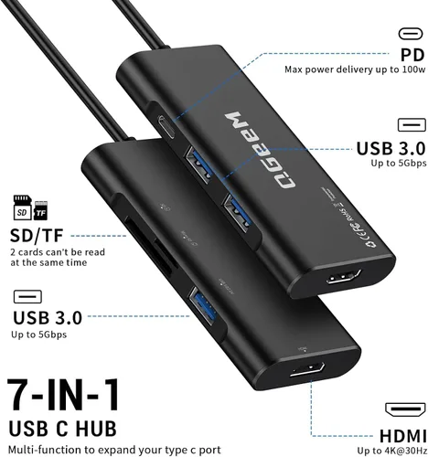 Vista 2 de USB C Hub, Adaptador QGeeM de USB 4k a HDMI, Dongle USB-C 7 en 1 con 100W PD, USB 3.0, Lector de Tarjetas, Compatible con MacBook, iPhone 15/17