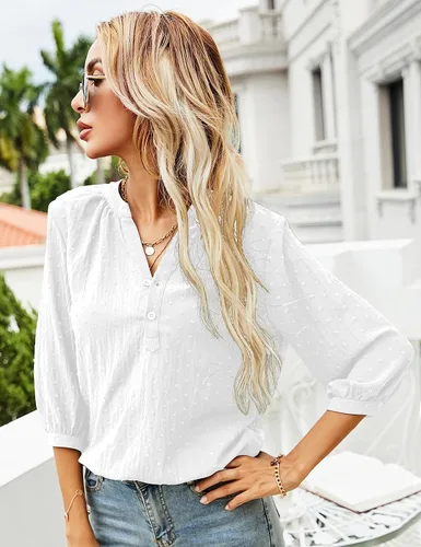 Vista 4 de LOMON - Blusas informales de manga 34, con cuello henley en v y botones, de plumetí con pliegues en la espalda para mujer, tallas de la S a la XXL