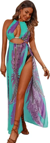 Vista 2 de BIUBIU - Vestido para mujer, sexy, estilo bohemio, floral, halter, para verano, playa, fiesta, con abertura, salida de baño, vestido maxi