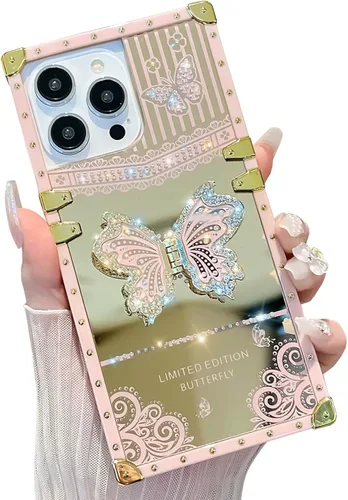 Vista 15 de Funda Rectangular de Lujo Femenina Compatible con iPhone 16 Pro Max Diseñada con Soporte de Anillo de Diamante con Función de Atril