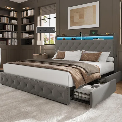 Vista 12 de LARMACE Base de cama tamaño King con 4 cajones de almacenamiento, base de cama tapizada de terciopelo, plataforma King con luces LED y estación
