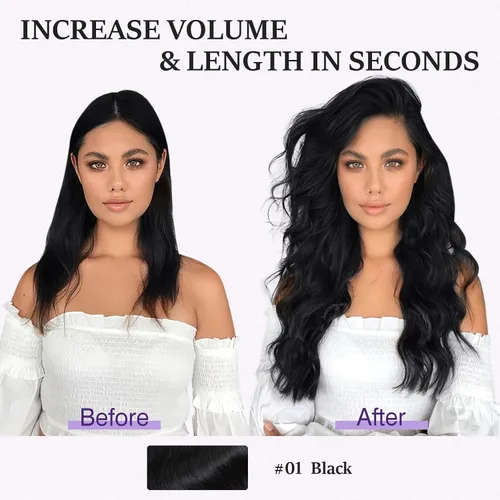 Vista 4 de Extensiones de cabello humano real, extensiones de cabello humano 100 % humano, extensiones de clip, ondulado, negro azabache 01, 2.46 oz/18 pulgadas