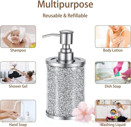 Vista 5 de JUXYES Botella dispensadora de jabón con diamantes triturados de cristal chispeante con bomba de acero inoxidable, lujoso dispensador de loción