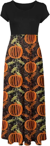 Vista 3 de Vestido largo con estampado de Halloween para mujer, manga corta, talla grande, holgado, para fiesta en la playa, cuello redondo, casual, vestido