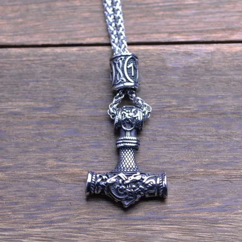 Vista 4 de LANGHONG Collar de martillo de Thor vikingo nórdico collar Mjolnir para hombre joyería de talismán