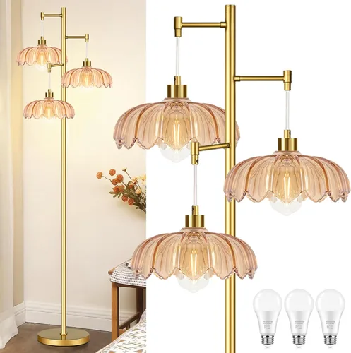 Vista 11 de ZECOXOL Lámparas de pie doradas para sala de estar dormitorio - Lámpara de pie de vidrio de 3 luces con tres bombillas LED, lámpara de pie alta