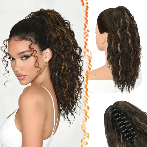 Vista 9 de BARSDAR Extensión de Cola de Caballo Marrón - Extensiones de Cola de Caballo con Pinza de 18 Pulgadas para Mujeres - Extensiones de Cabello Mezcla