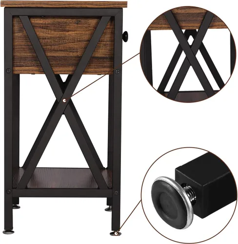 Vista 6 de VECELO - Mesas de noche para dormitorio, mesas de noche con cajón de almacenamiento, color marrón rústico
