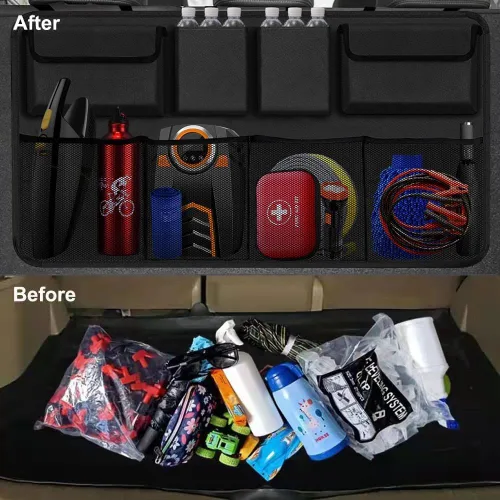 Vista 9 de Juego de organizador de maletero de automóvil: organizador colgante para asiento trasero con 8 bolsas de almacenamiento y almacenamiento plegable