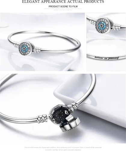 Vista 7 de BISAER Pulsera de plata de ley con cierre de dije para abalorios con piedras preciosas de zafiro, tapón de bloqueo de clip de ojo malvado