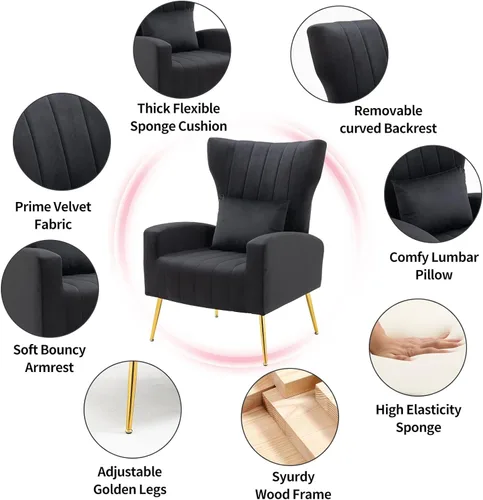 Vista 4 de Silla decorativa de terciopelo con respaldo abatible y cojín lumbar, sillón moderno para sala de estar/dormitorio, silla lateral de recepción