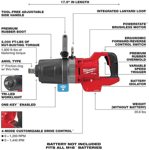 Vista 2 de Milwaukee Llave de impacto M18 FUEL de 1 pulgada con mango en D de alto par con una llave (herramienta desnuda) + accesorio