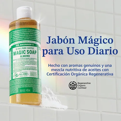 Vista 2 de Dr. Bronner's - Jabón líquido de Castilla puro (almendra, 8 onzas) - Hecho con aceites orgánicos, 18 usos en 1: Cara, cuerpo, cabello, ropa