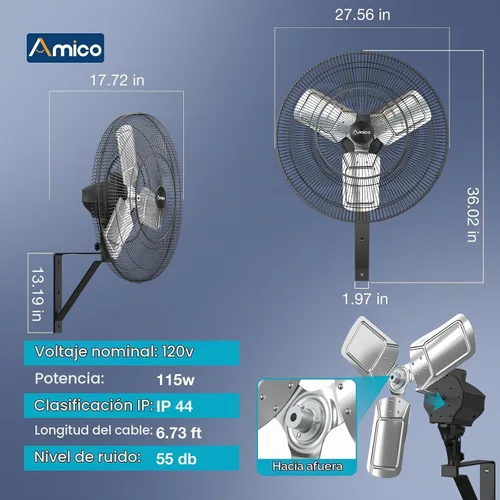 Vista 6 de Amico Ventilador de montaje en pared de 24 pulgadas con control remoto