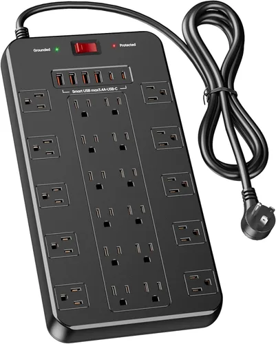 Vista 6 de Regleta de protección contra sobretensiones con 15 tomas, 4 puertos USB para 20 W, cable de extensión de enchufe plano de 6.5 pies con múltiples