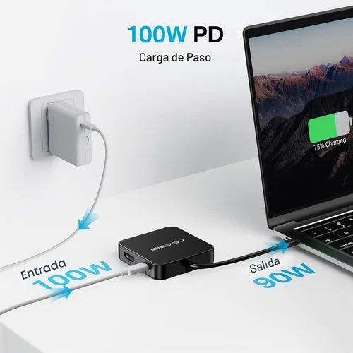 Vista 4 de Hub USB C, concentrador USB tipo C multipuerto con HDMI 4K, entrega de potencia de 100 W 3 puertos USB 3.0 1 puerto tipo C 3.0 Adaptador