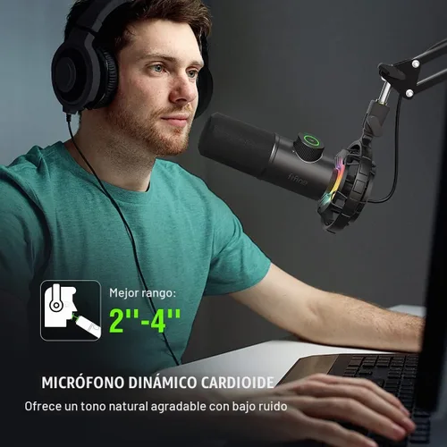 Vista 6 de FIFINE Micrófono USB para juegos, micrófono dinámico RGB para PC, con botón de toque para silenciar, micrófono cardioide Plug & Play con conector