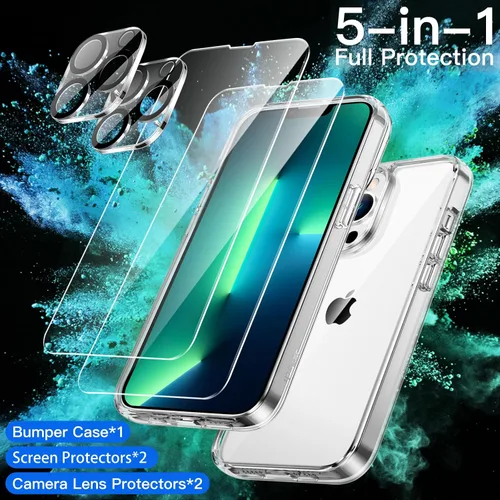 Vista 2 de JETech Funda 5 en 1 para iPhone 13 Pro Max, antiamarilleo, transparente 2 protectores de pantalla de vidrio templado, 2 protectores de lente