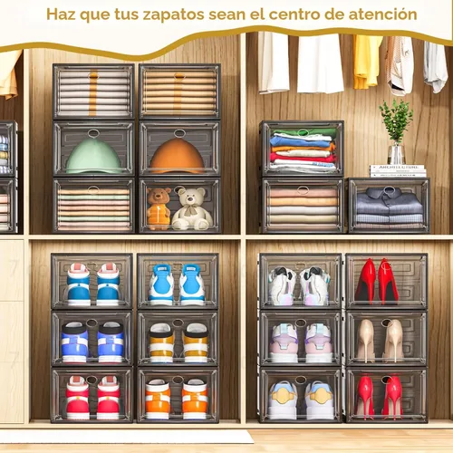 Vista 2 de Organizador de almacenamiento de zapatos de plástico transparente, grueso y resistente c/puerta magnética, cajas apilables, zapatero plegable