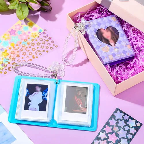 Vista 3 de 2 piezas de álbum portafotos de 3 pulgadas, mini álbum para tarjetas Kpop con corazón en forma de amor, portafotos hueco con colgante, mini libro