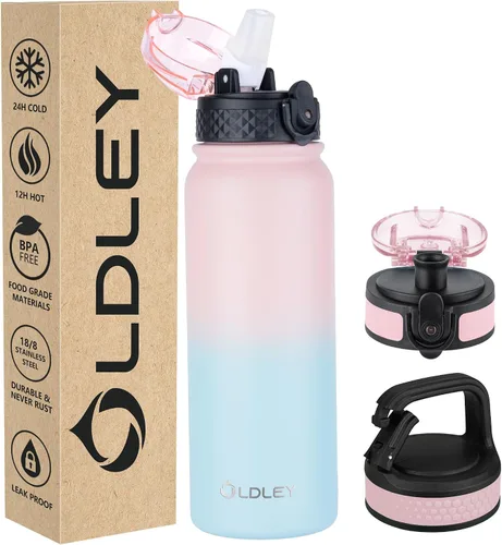 Vista 44 de Botella de agua aislada Oldley de 12 oz con pajita, botella de agua de acero inoxidable con 2 tapas, botellas de doble pared con vacío para adultos