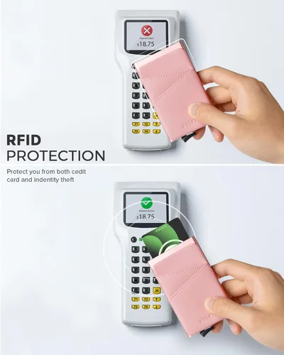Vista 5 de VULKIT Cartera desplegable para tarjetas de crédito con ranuras de cuero adicionales con bloqueo RFID, funda delgada de metal para tarjetas, Rosa