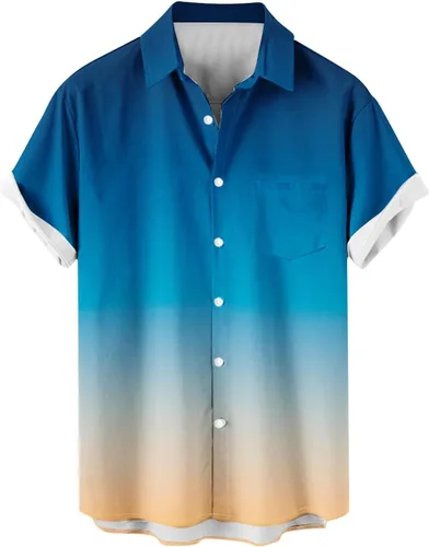 Vista 3 de Camisas con botones para hombre, de moda, de manga corta, color degradado, ajuste holgado, para vacaciones, playa, verano
