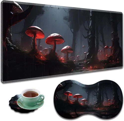 Vista 22 de Alfombrilla de mouse grande para juegos + reposamuñecas + posavasos combinados, 31.5 x 11.8 pulgadas, tapete de extensión antideslizante duradero