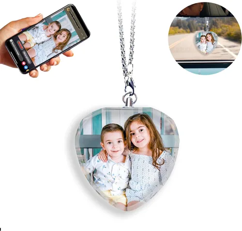 Vista 13 de Adorno colgante de cristal diáfano personalizado para espejo retrovisor de automóvil con foto, adorno personalizado para automóvil, decoración