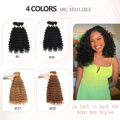 Vista 3 de Urbeauty Cabello Humano para Trenzar para Trenzas Boho Bob - Cabello Bohemio de Onda Profunda para Trenzar - Negro Azabache, 14 pulgadas Sin Nudos