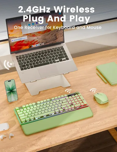 Vista 8 de Combo de teclado y mouse inalámbricos, 9 efectos retroiluminados, reposamuñecas, teclas de doble disparo, panel de metal, recargable de larga