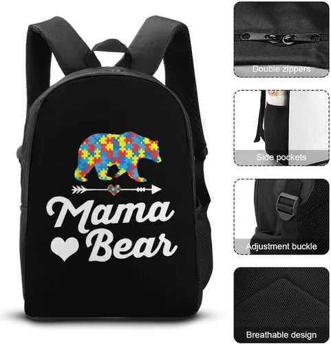 Vista 3 de Mama Bear Autism Awareness - Mochila de 17 pulgadas, juego de 3 piezas, combinación con bolsa de almuerzo diagonal, estuche para lápices