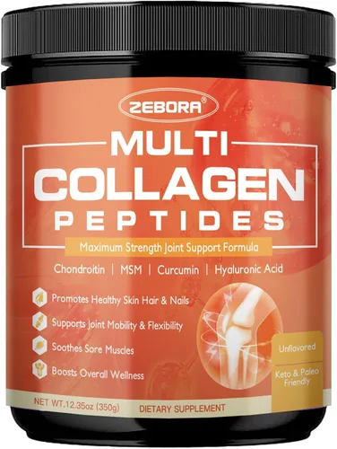 Vista 8 de ZEBORA Péptidos multicolágeno en polvo con MSM y CS, péptidos de colágeno hidrolizados tipo I II III V X con ácido hialurónico y vitamina C