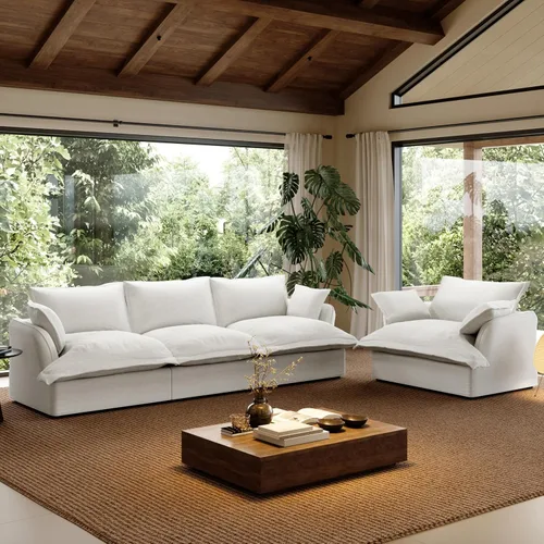 Vista 12 de Sofá modular de mezcla de lino para sala de estar, cómodo sofá modular con relleno de plumón, moderno sofá cama convertible con asiento profundo