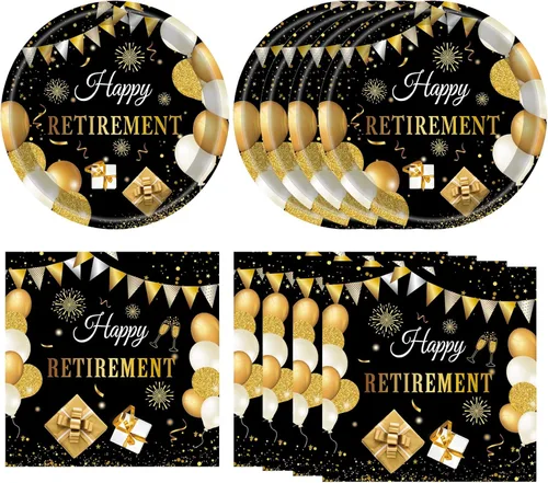 Vista 14 de Juego de 40 piezas de vajilla desechable para fiestas de jubilación para hombres y mujeres, color negro y plateado, incluye platos de jubilación