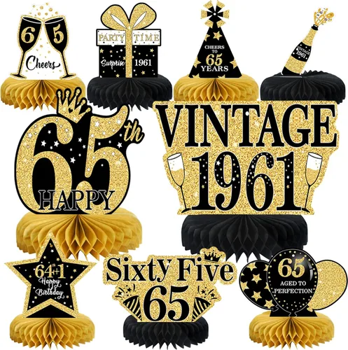 Vista 31 de 9 piezas de decoración de cumpleaños negro dorado 16 centros de mesa de panal para niños y niñas, centros de mesa de feliz cumpleaños 16 Oro negro 16