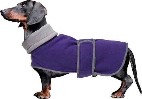 Vista 9 de Abrigos para perros salchicha Morezi de forro polar para invierno, ropa para dachshund miniatura con cierre de gancho y bucle y ribete reflectante