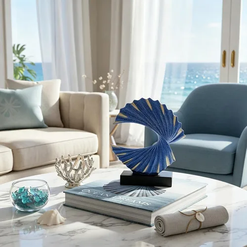 Vista 5 de Escultura de onda de oro azul, detalles modernos de olas oceánicas, estatua de arte de resina para estante, mesa de café, soporte de TV, adornos