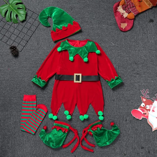 Vista 2 de Disfraz de elfo de Navidad para niños y niñas, vestido de lentejuelas de terciopelo con medias y zapatos, cubierta de sombrero de Papá Noel, trajes