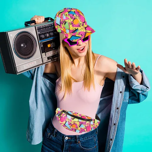 Vista 6 de Riñonera de neón de los años 80 y 90, paquete de cinturón retro, bolsa de cintura casual para hombres y mujeres y gorras de béisbol, sombreros