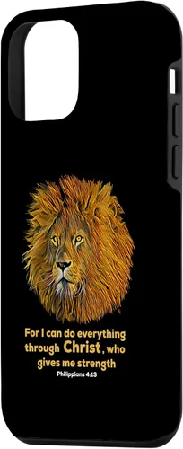 Vista 2 de Funda para iPhone 12 mini Filipenses 4:13 versículo de la Biblia cristiana de regalo de león cristiano