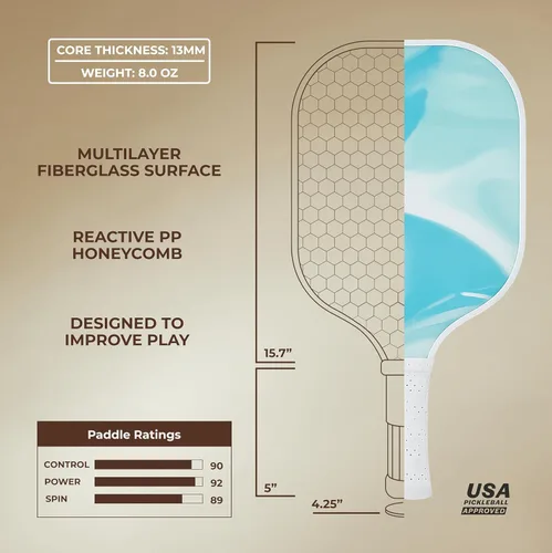 Vista 3 de HELIOS Khione - Paleta de pickleball - Morn Superficie de fibra de vidrio G2S de 8 onzas con núcleo de panal reactivo de 0.51 pulgadas Diseño