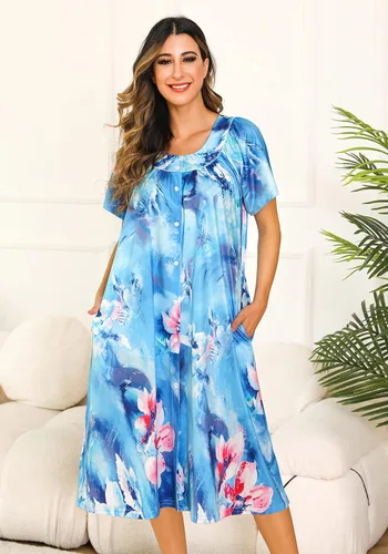Vista 2 de YOZLY Vestido de casa para mujer, de manga corta, abrigo de casa con bolsillos