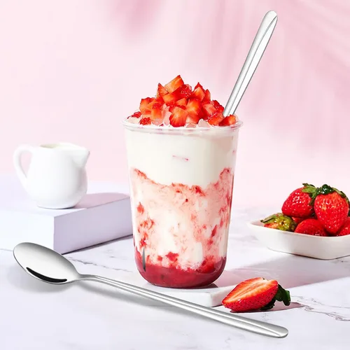 Vista 3 de Obstnny 12 cucharas de té helado de mango largo, cucharas de mezcla de acero inoxidable
