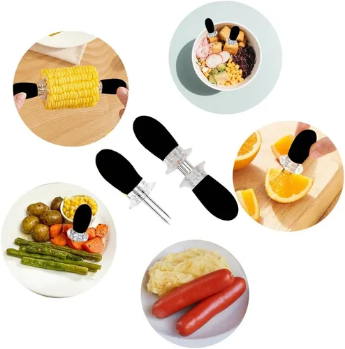 Vista 3 de 16 unidades/8 pares de soportes de maíz negro – soportes de mazorca de maíz de acero inoxidable, brochetas de diseño entrelazado para cocinar