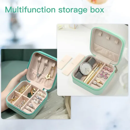 Vista 5 de KIQIONE Caja organizadora de joyas pequeña estuche de joyería de viaje para niñas y mujeres anillo de almacenamiento colgante aretes collar pulsera