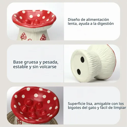 Vista 3 de Alimentador lento de cerámica para gatos, Tazón elevado de comida con forma de hongo lindo, Plato elevado poco profundo para gatos, Cuencos