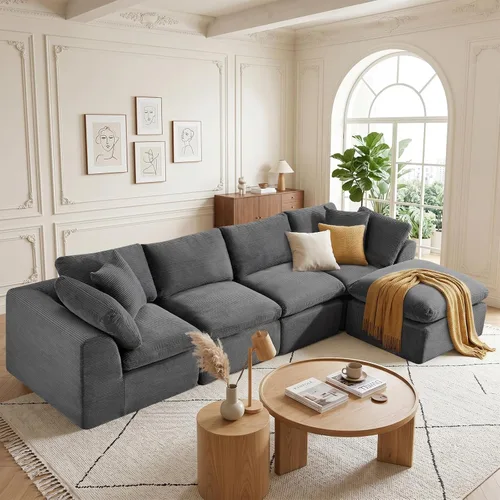 Vista 12 de Sofás de nube beige para sala de estar, sofá deshuesado de 4 plazas, sofá modular seccional, no requiere montaje, tapizado de chenilla, moderno